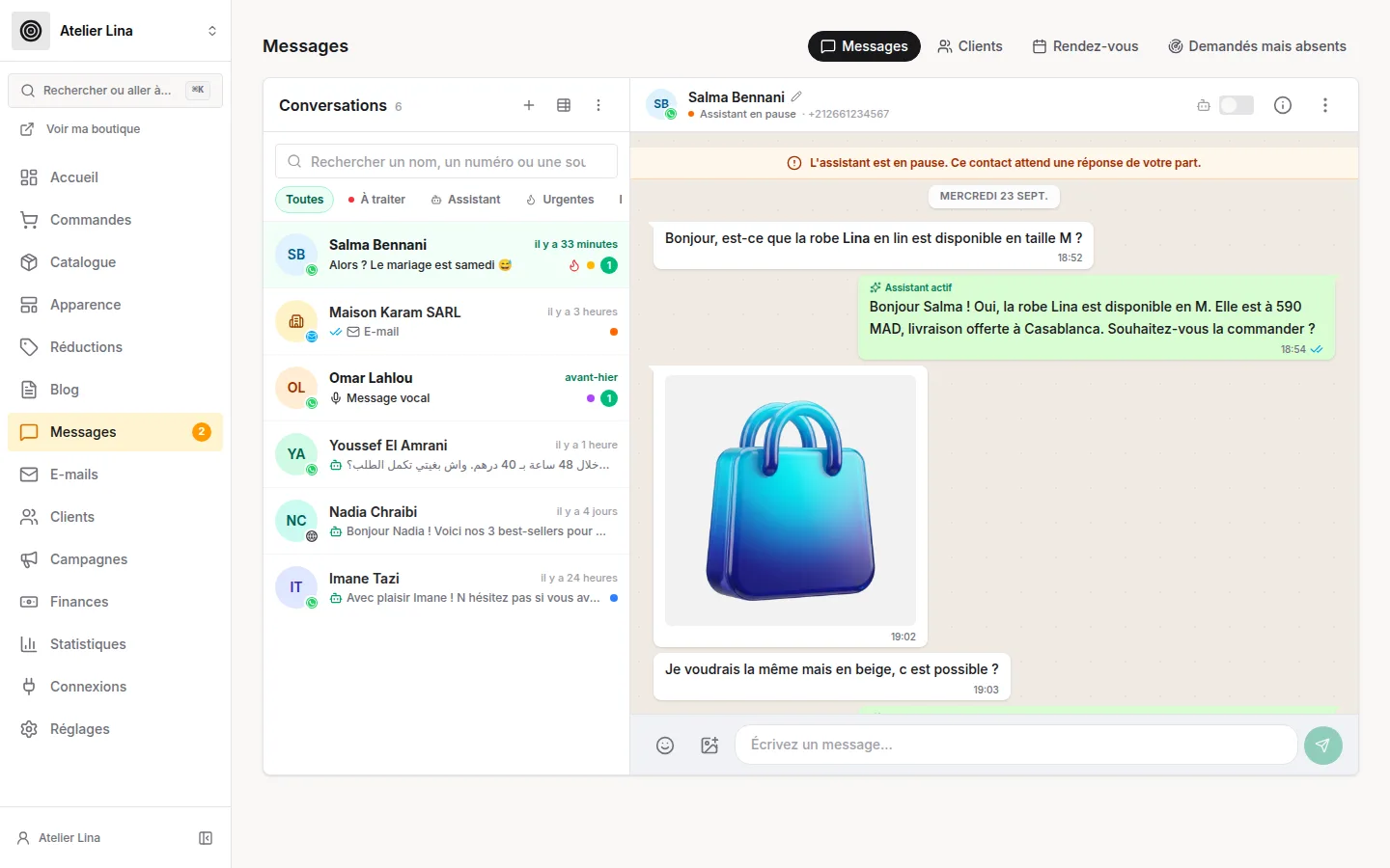 La messagerie Yaliko : liste de conversations, discussion et fiche client